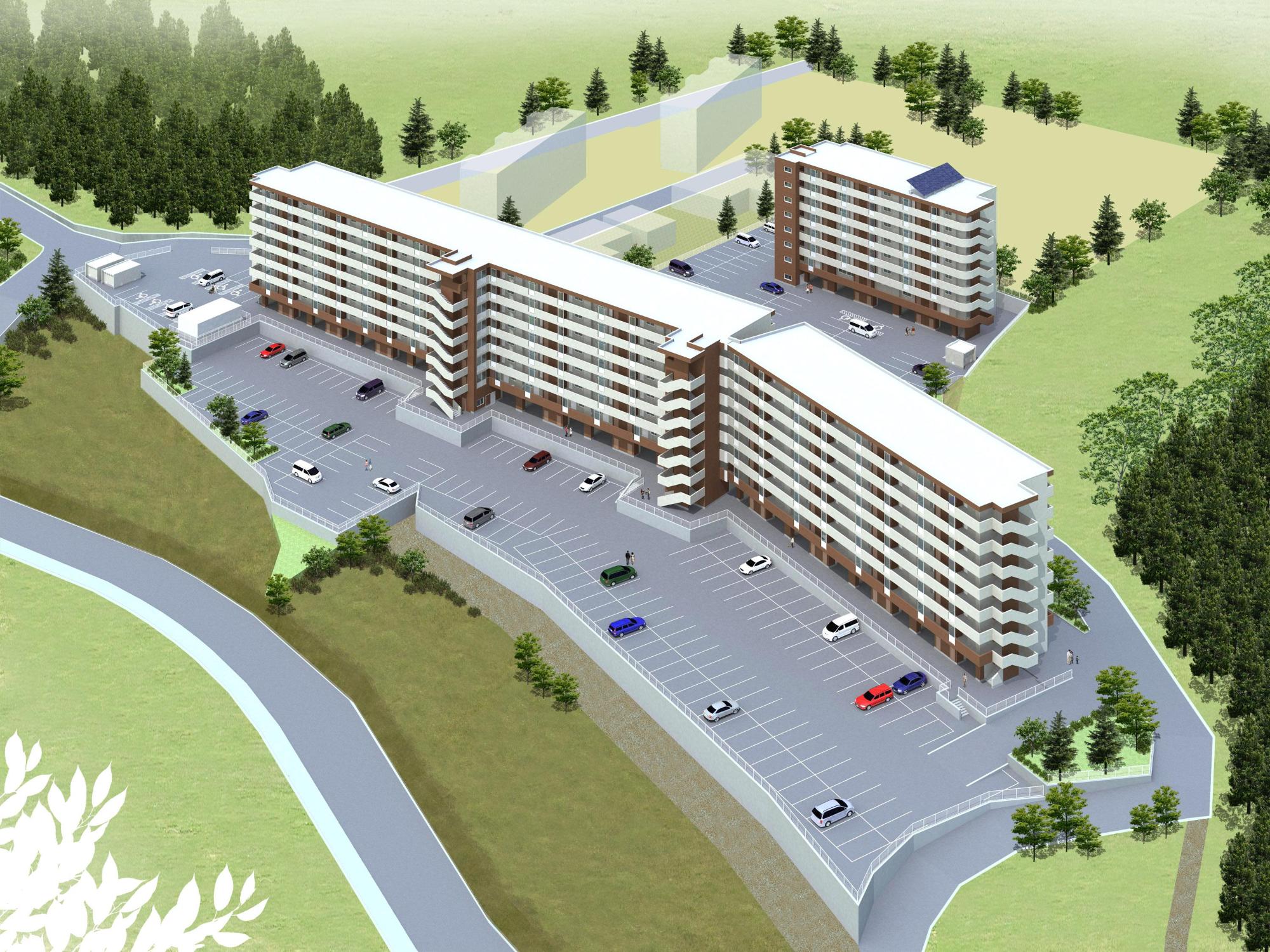 広い駐車場があり、周りは緑地に囲まれている市営住宅のイラスト
