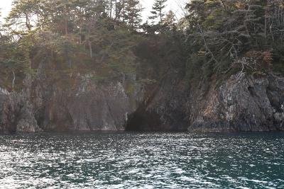 蛇ケ崎にあるやや小さめの海蝕洞窟と穏やかな海の写真