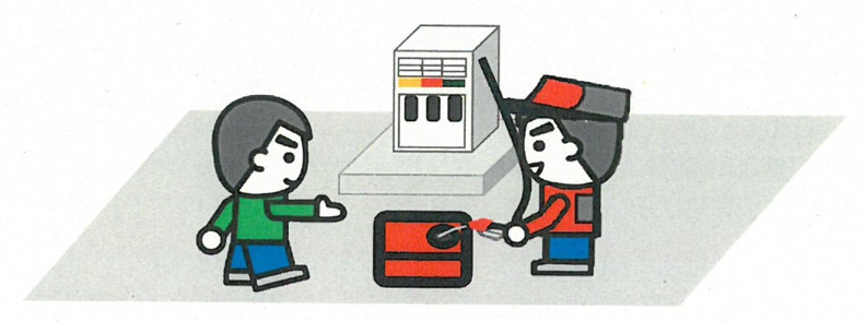 ガソリンスタンドで容器の詰め替えをするスタッフのイラスト