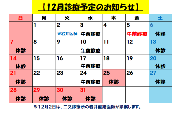 12月診療予定のお知らせ