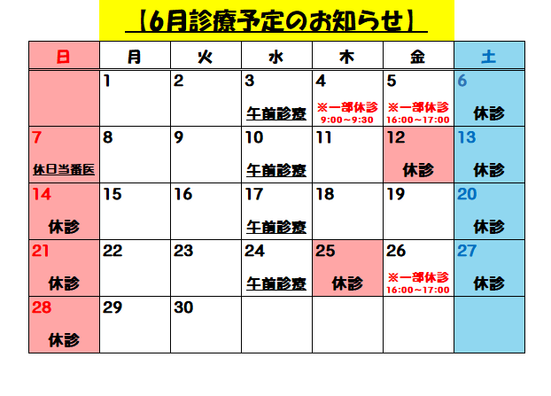 6月診療予定のお知らせ