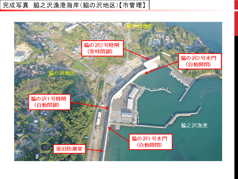 脇之沢漁港海岸（脇の沢地区）の水門と陸閘と防潮堤の完成写真