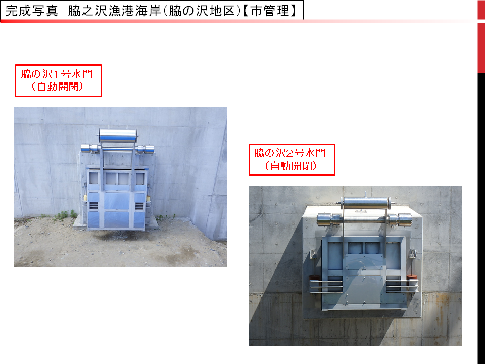 脇之沢漁港海岸（脇の沢地区）の水門と陸閘と防潮堤の完成写真