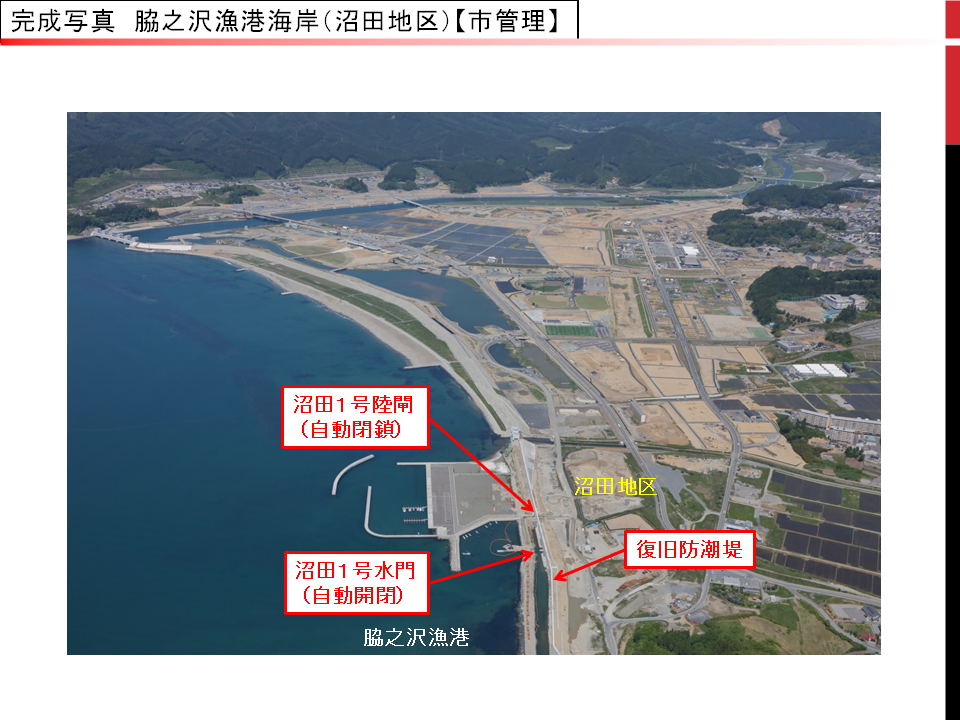 脇之沢漁港海岸（沼田地区）の水門と陸閘と防潮堤の完成写真