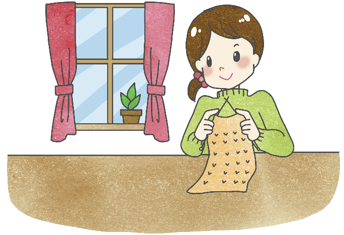 女性が部屋の中で黄色い毛糸で編み物をしているイラスト
