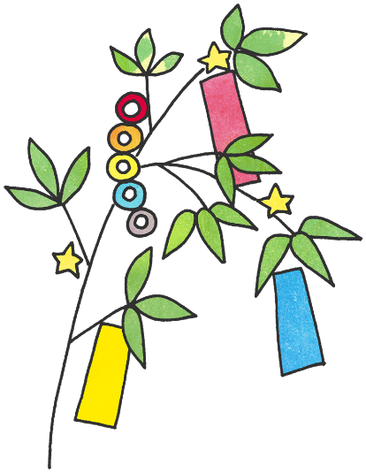 笹の葉に飾られたカラフルな輪繋ぎと上からピンク色水色黄色の短冊と全体に散りばめられた星飾りのイラスト