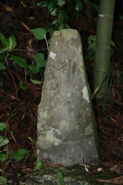 旧高田遠野街道脇に安置されている下壺の勢至菩薩種子板碑の写真。土に縦長の灰色の石が立っている。また石の奥には竹が生えている。