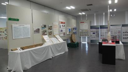 陸前高田市コミュニティホールの一室に展示された数々の文化財を斜めのアングルから撮影した写真