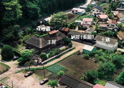吉田家住宅および後方の山と前方の田んぼを上空から撮影し吉田家住宅の場所名をそれぞれ白文字で書いてある平成5年に撮影された写真