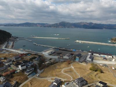 中沢浜貝塚歴史防災公園とその奥に広がる広田湾を見下ろすようなアングルで撮影された写真