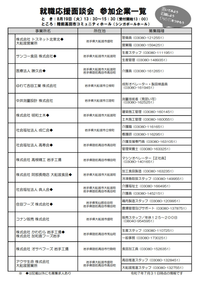 就職応援面談会チラシ（裏）